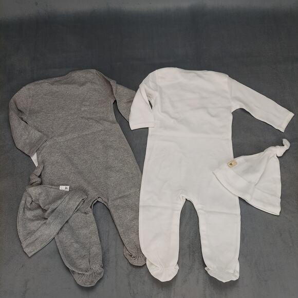 Burt's Bees Organic Cotton 4Pc Coveralls Footed Pajamas Knot Top Hats Gray 0-3M - Picture 7 of 7